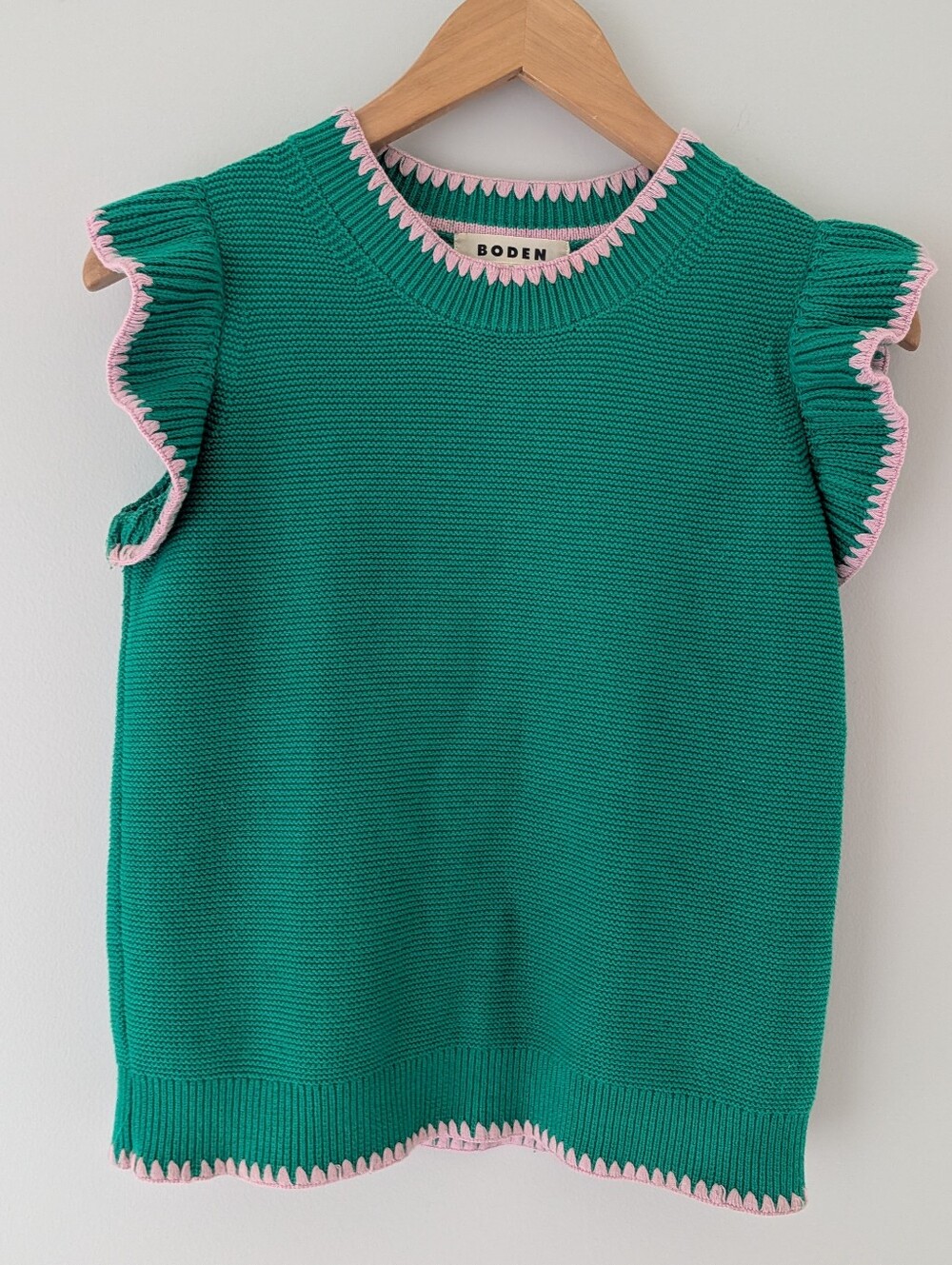 Boden Lena Stitch Detail Tank XS Green Pink Ruffle 100% Cotton Knit